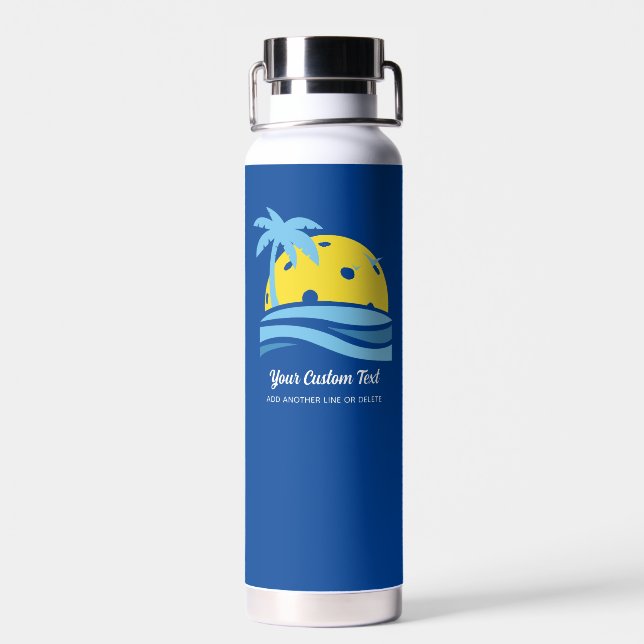 Pickleball Sun Palm Trees Personalised Custom Text Water Bottle (Back)