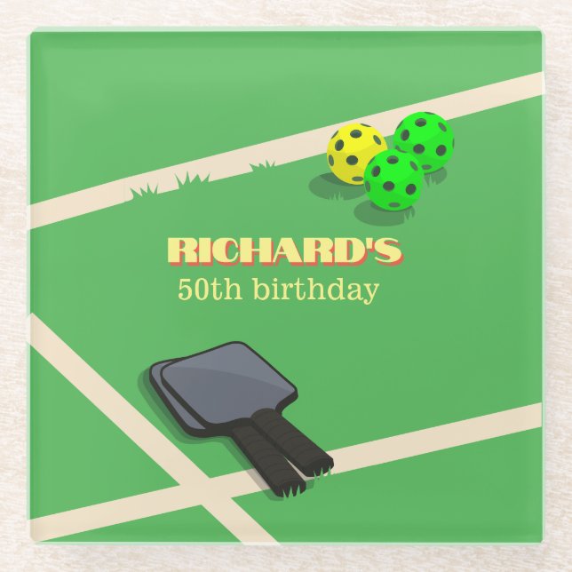 Pickleball Themed Sports Dinking Birthday Party Glass Coaster (Front)