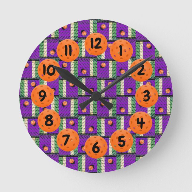 Pickleball 'Til the Streetlights Come On Purple Round Clock (Front)