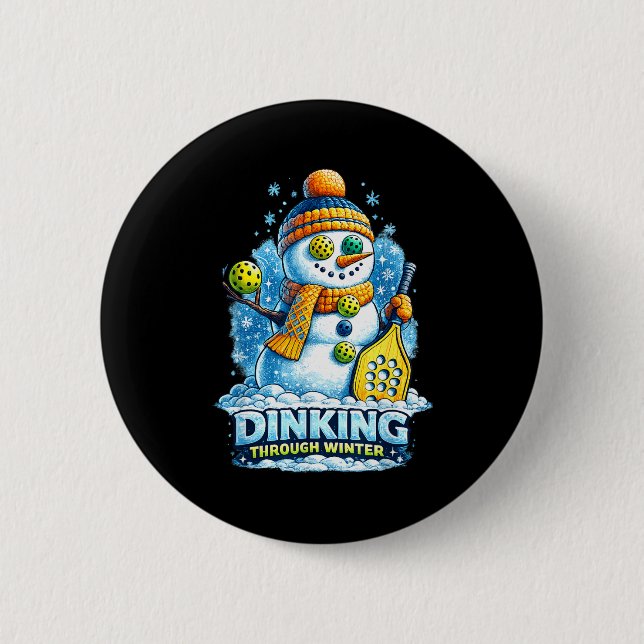 Pickleball winter snowman dinking through winter 6 cm round badge (Front)