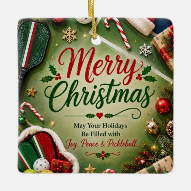 Pickleball with Christmas Frame Ceramic Ornament (Front)