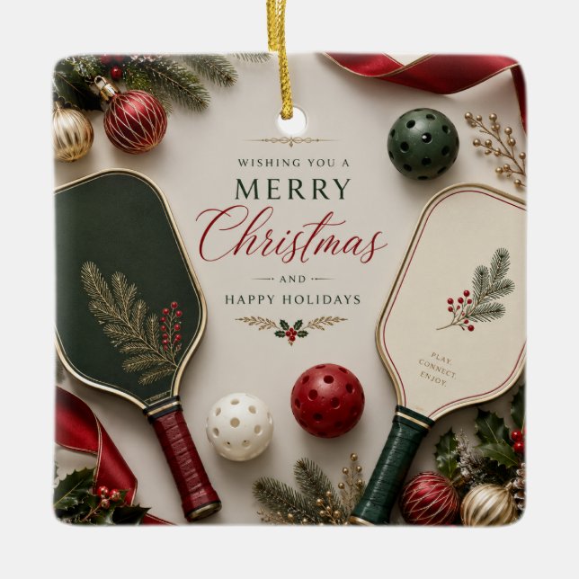 Pickleball with Christmas Frame Ceramic Ornament (Front)