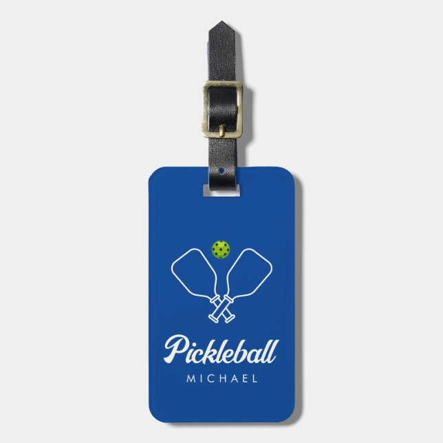 Pickleball with Paddles & Ball Personalised blue Luggage Tag (Front Vertical)