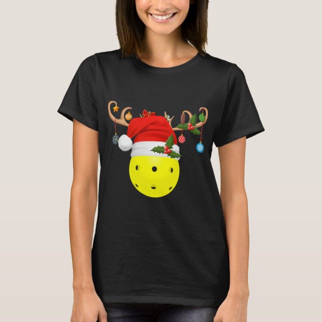 Pickleball Xmas Reindeer Santa Hat T-Shirt (Front)
