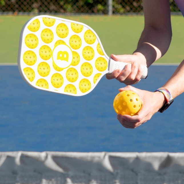 Pickleball Yellow White Patterned Monogram  Paddle (Insitu)