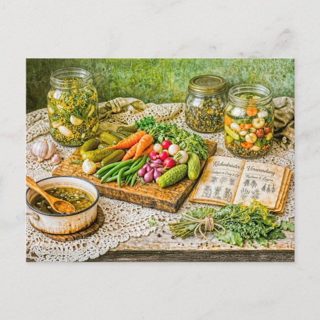 Pickled Cucumbers and Fresh Vegetables in Rustic V Postcard (Front)