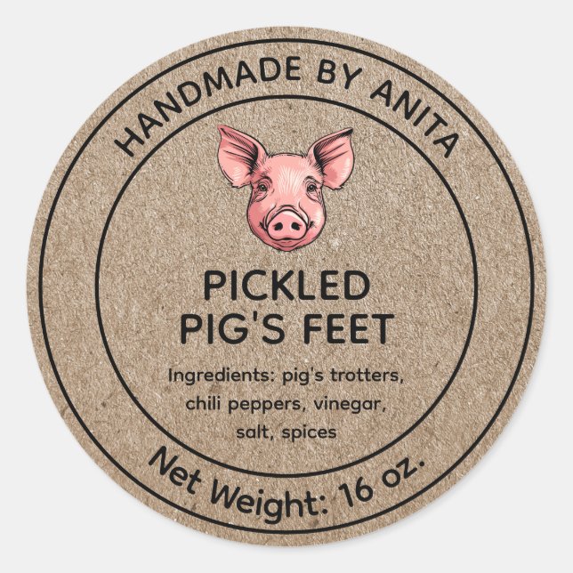 Pickled Pig's Feet Jar Label Kraft Paper Style (Front)