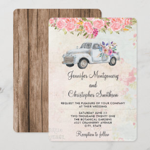 Pickup Truck and Flowers Rustic Watercolor Wedding Invitation