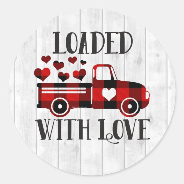 Pickup Truck Buffalo Plaid Heart Valentine's Day Classic Round Sticker (Front)