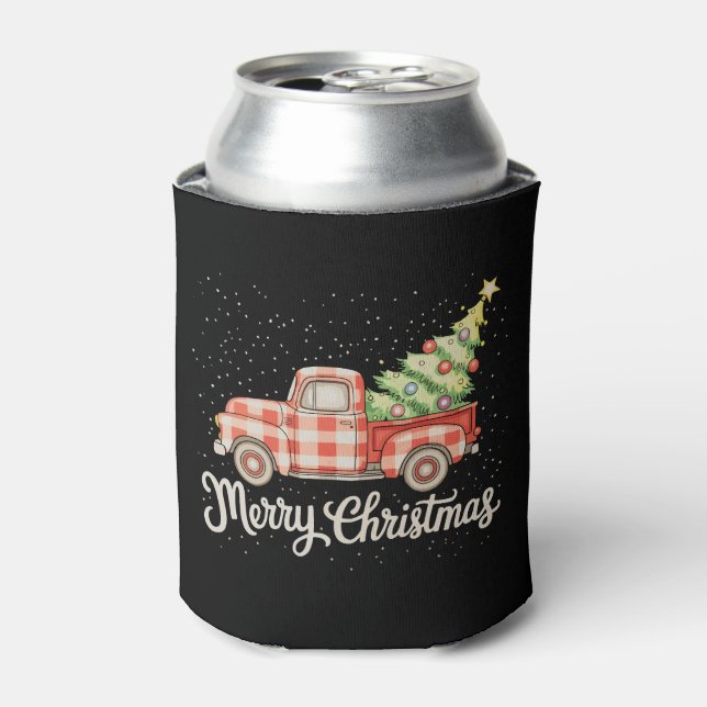 Pickup Truck Red Buffalo Plaid Merry Christmas Can Cooler (Can Front)