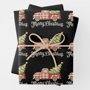 Pickup Truck Red Buffalo Plaid Merry Christmas Wrapping Paper Sheet