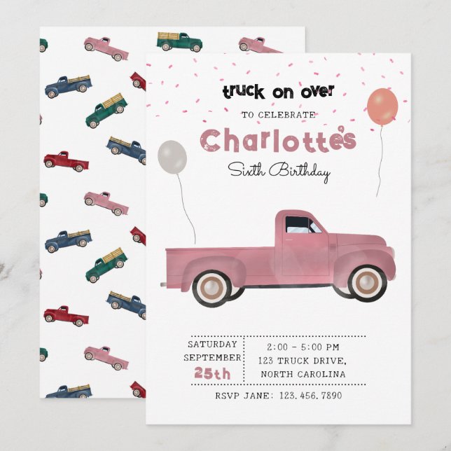 Pickup Trucks Cute Vehicles Girl Birthday Party Invitation (Front/Back)