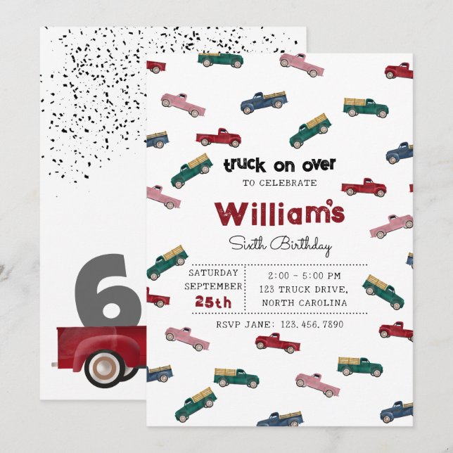 Pickup Trucks Cute Vehicles Kids Birthday Party In Invitation (Front/Back)