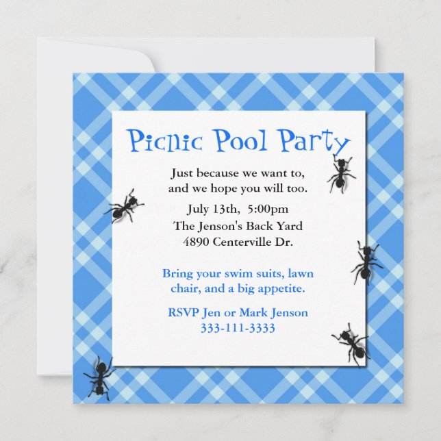 Picnic Ants Blue Plaid Party Invitation (Front)