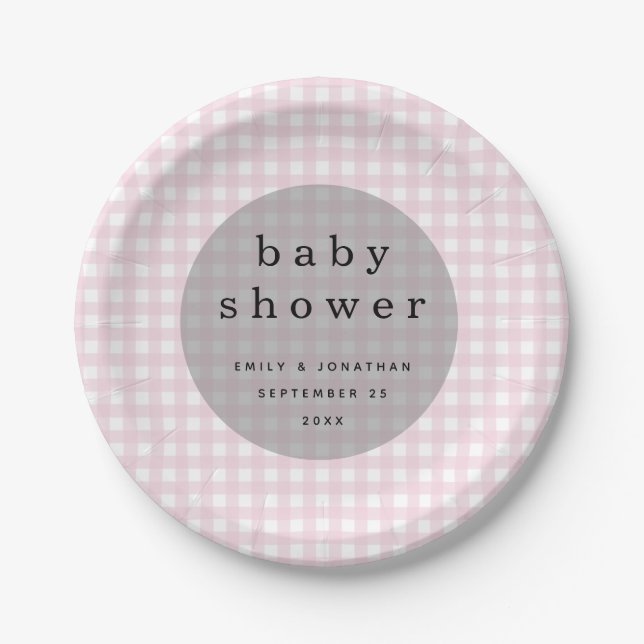 Picnic Baby Shower Names Date Pink Gingham Paper Plate (Front)