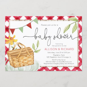 Picnic baby shower, picnic in the park red gingham invitation
