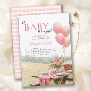 Picnic Balloons Wildflowers Pink Girl Baby Shower Invitation