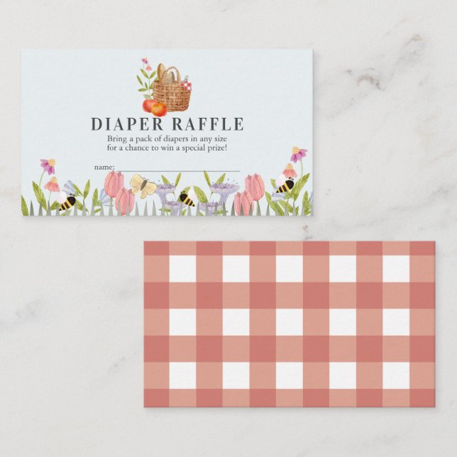 Picnic Basket Floral Diaper Raffle Ticket Enclosure Card (Front/Back)