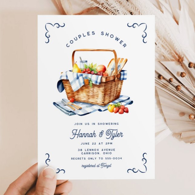 Picnic Basket Navy Blue Couples Bridal Shower Invitation (Creator Uploaded)
