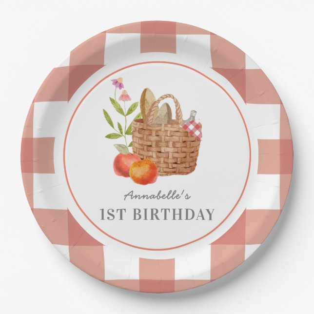 Picnic Basket Red GIngham Birthday Paper Plate (Front)