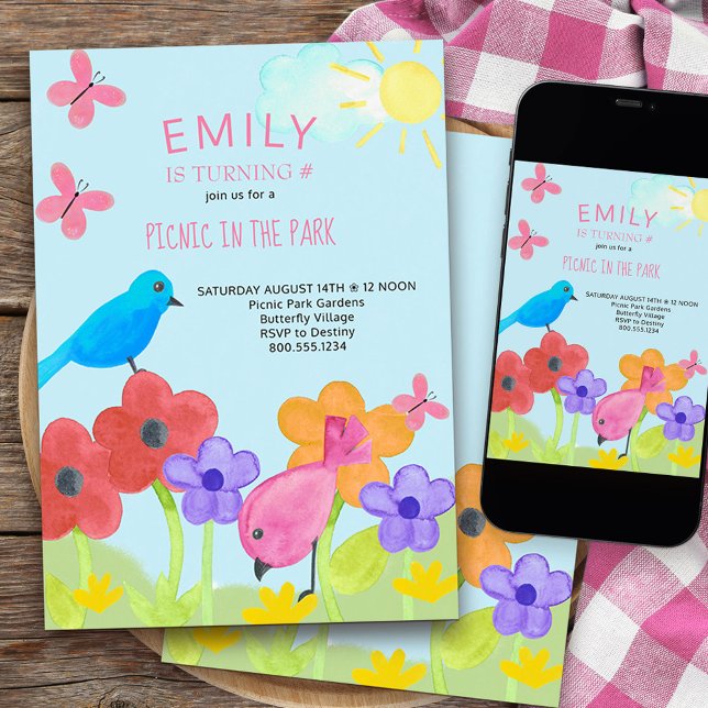 Picnic Birthday Party Colourful Kids Garden Invitation (Picnic in the Park kids birthday invitation)