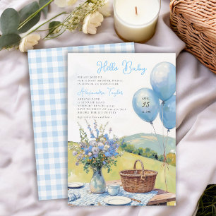 Picnic Blue Balloons Wildflowers Boy Baby Shower Invitation