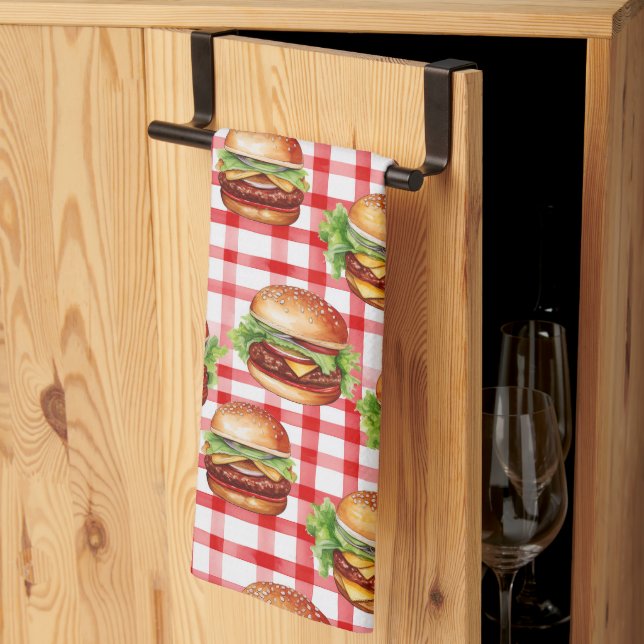 Picnic Burger Delight Retro Gingham & Cheeseburger Tea Towel (Thirds Fold)
