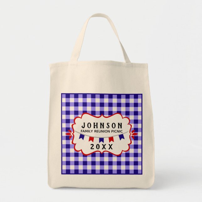 Picnic Family Reunion | Blue Chequered • Barbecue Tote Bag (Front)