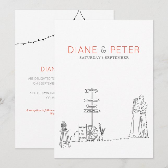 Picnic Garden Minimalist Black and White Wedding Invitation (Front/Back)