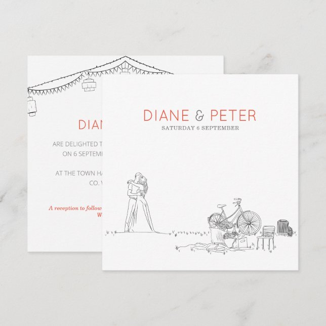 Picnic Garden Minimalist Black and White Wedding  Invitation (Front/Back)