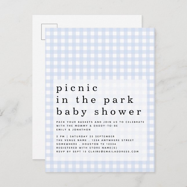 Picnic In Park Baby Shower Blue Gingham Invitation Postcard (Front/Back)