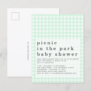 Picnic In Park Baby Shower Green Gingham Invite Postcard