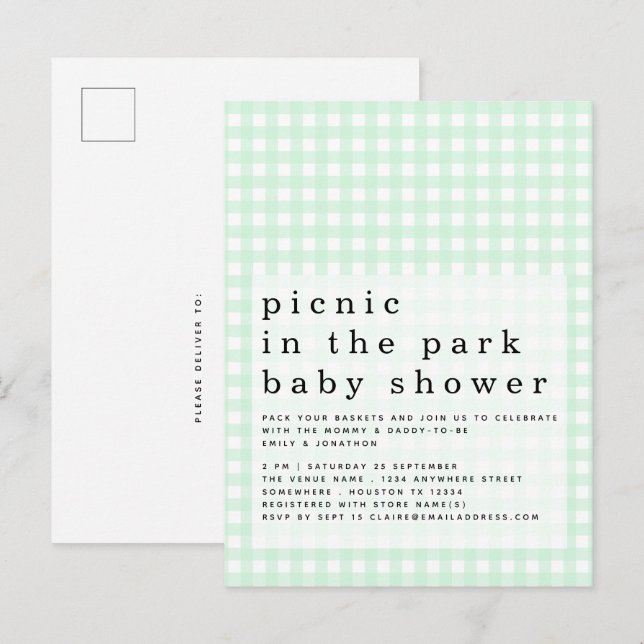 Picnic In Park Baby Shower Green Gingham Invite Postcard (Front/Back)