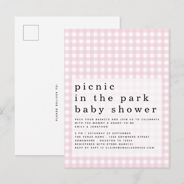 Picnic In Park Baby Shower Pink Gingham Invitation Postcard (Front/Back)
