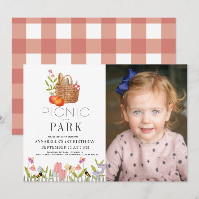 Picnic in the Park Basket 1st Birthday Photo Invit Invitation (Front/Back)