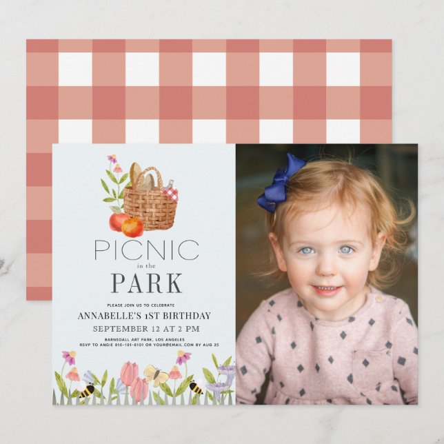 Picnic in the Park Basket 1st Birthday Photo Invitation (Front/Back)