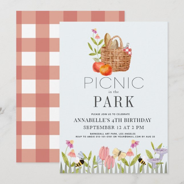 Picnic in the Park Basket Floral Birthday Invitation (Front/Back)