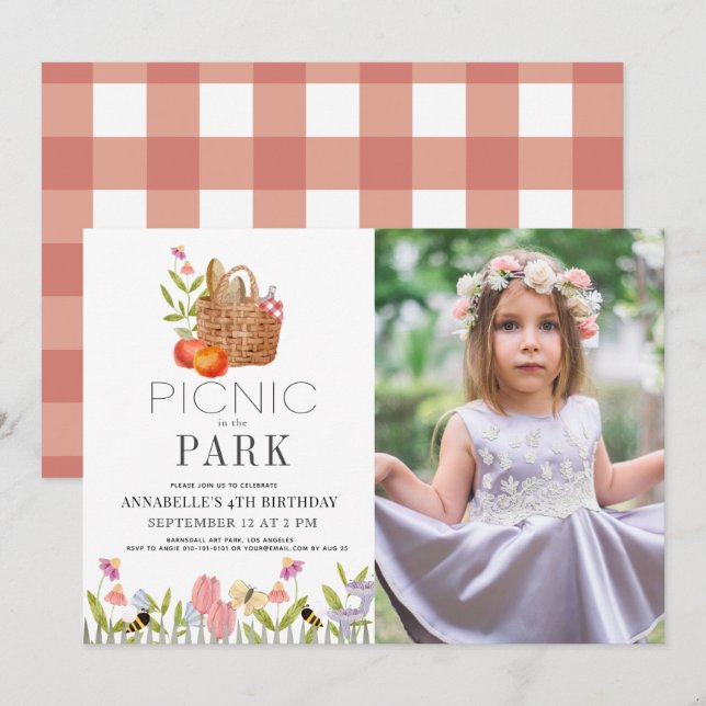 Picnic in the Park Basket Floral Birthday Photo In Invitation (Front/Back)