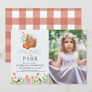 Picnic in the Park Basket Floral Birthday Photo Invitation