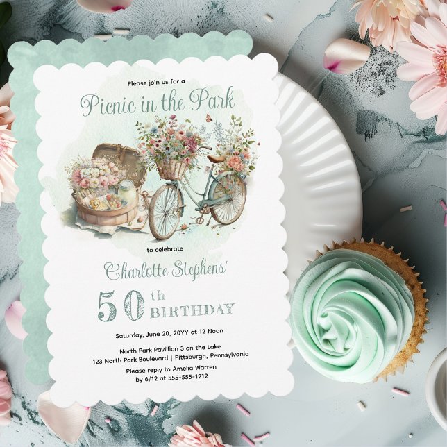 Picnic in the Park Floral 50th Birthday Party Invitation (Mint Green Floral Bicycle and Picnic Basket "Picnic in the Park" 50th Birthday Party Invitation)