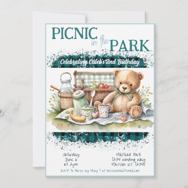 Picnic in the Park Green Plaid Boys Birthday Invitation (Front)