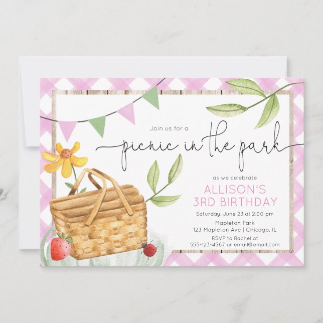 Picnic in the park pink summer birthday party invitation (Front)
