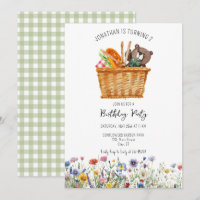 Picnic Kid Birthday Invitation Gingham wildflowers