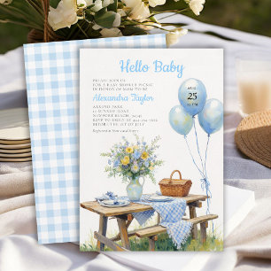 Picnic Park Balloons Blue Floral Boy Baby Shower Invitation