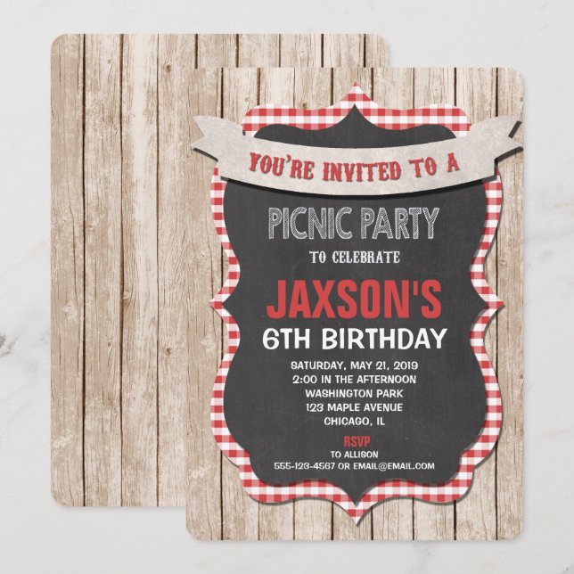 Picnic party birthday invitation red white gingham (Front/Back)