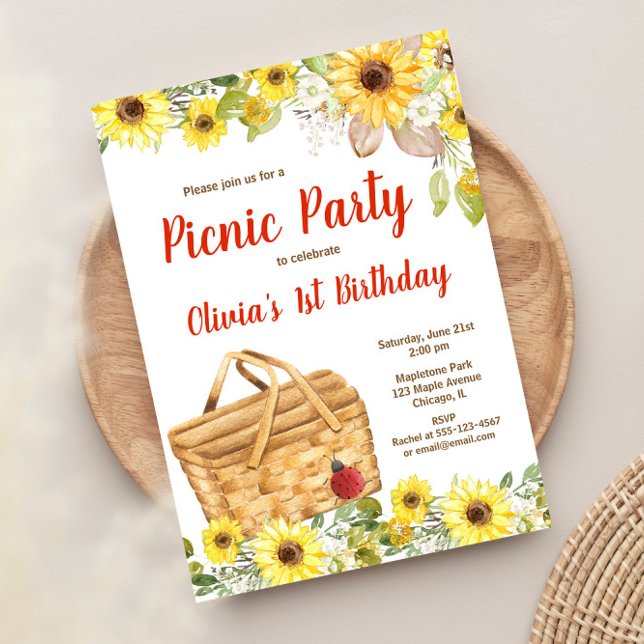 Picnic party sunflowers summer birthday girl invitation (Creator Uploaded)