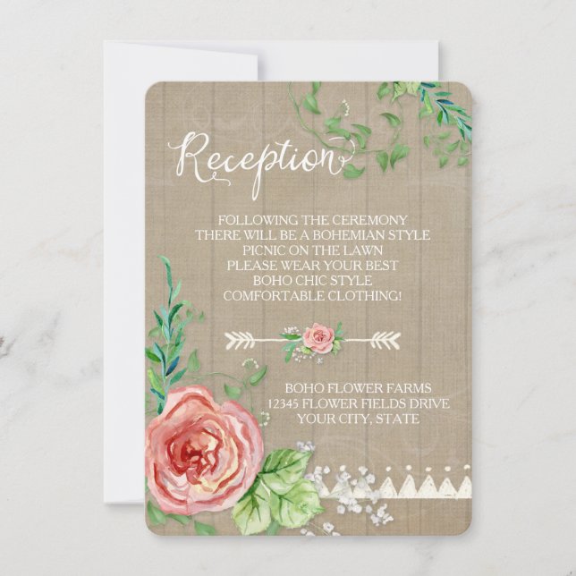 Picnic Reception BOHO Babys Breath Rose Barn Wood Invitation (Front)