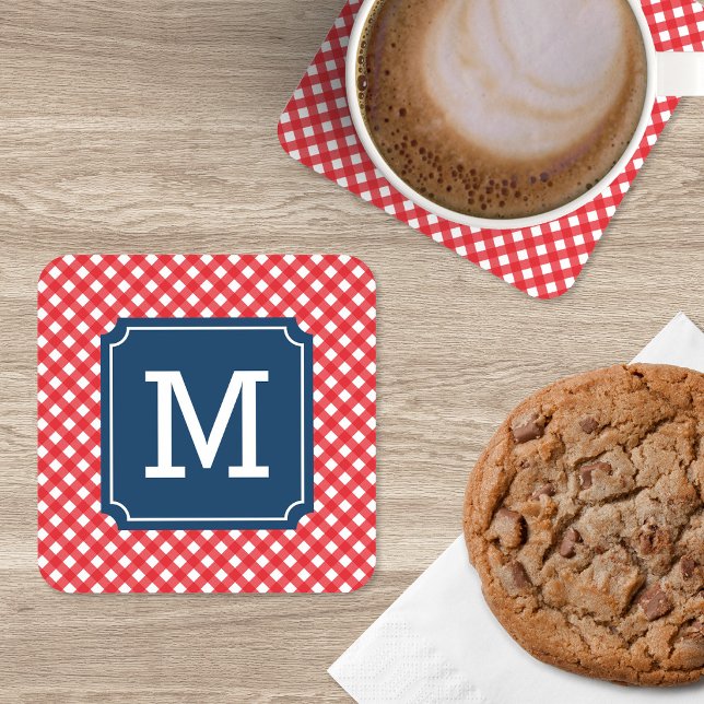 Picnic Red Gingham Personalise Name Monogram Coaster (Creator Uploaded)