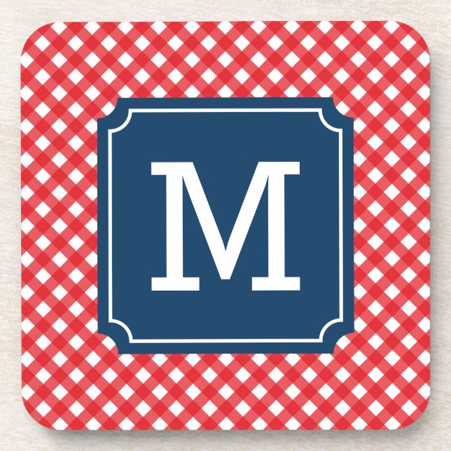 Picnic Red Gingham Personalise Name Monogram Coaster (Front)