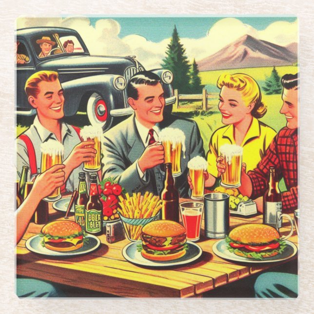 Picnic Retro Comics Glass Coaster (Front)